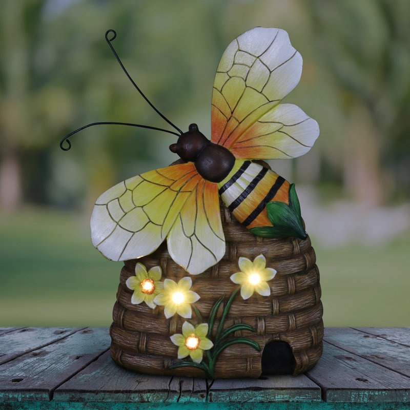 Statuette abeille solaire peinte à la main avec fleurs à DEL 9 x 12,5 po Exhart
