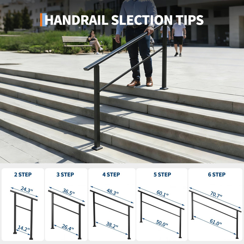 2 pieces Adjustable Outdoor Handrail for 5 Steps – Weatherproof Non-Slip Garden Grab Rail with Installation Kit, Safety Support for Elderly on Exterior Stairs, matte black