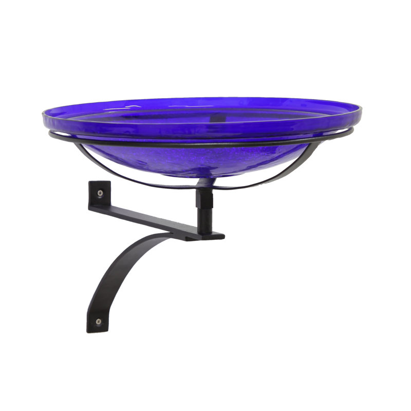 Cobalt Blue Crackle Glass Birdbath with Wrought Iron Wall Bracket