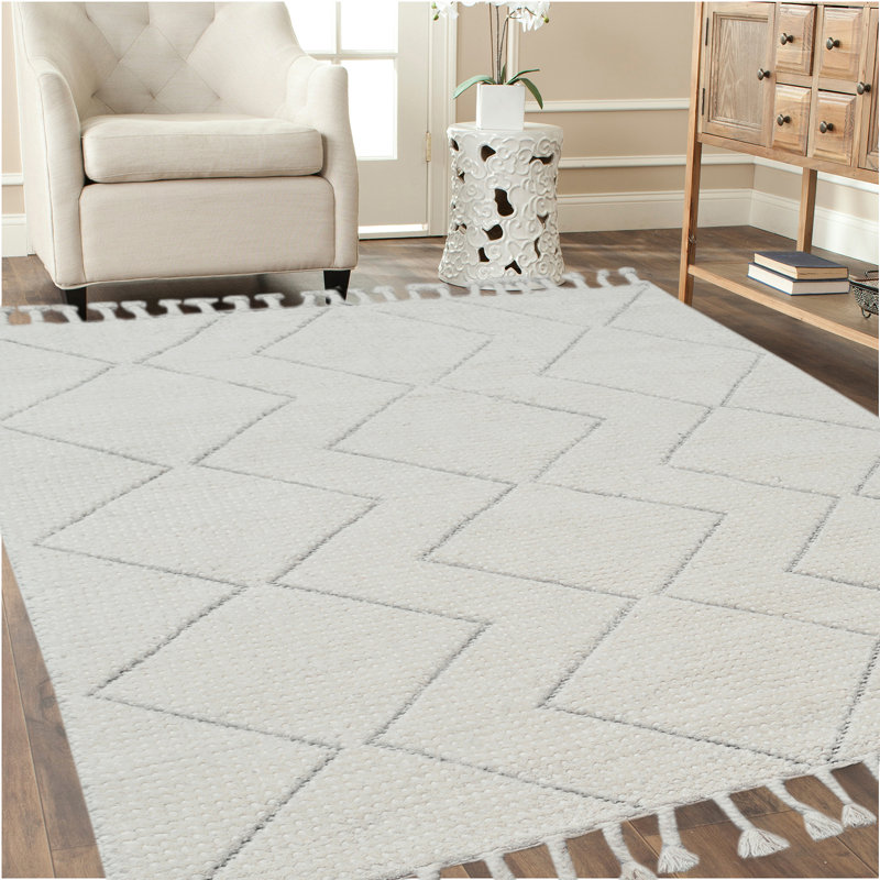 Tapis géométrique en laine tissé à la main ivoire / noir Hedva, Rectangle 8 pi x 10 pi