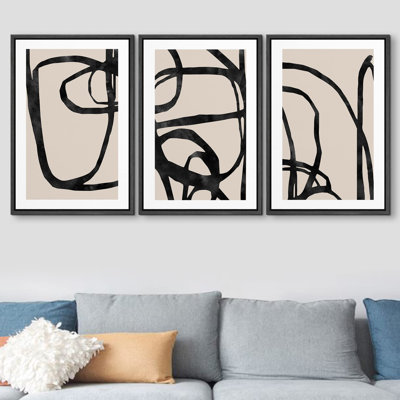" Mid-Century Black Tan Line Collage Abstract Shapes Illustrations Modern Art Bohemian Nordic " 3 - Pieces