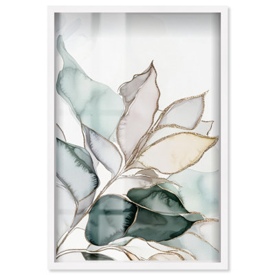 Pastel Leaves with Gold I Shadowbox Print Elegant Floral Art by Art Remedy