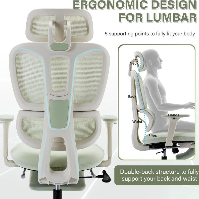 Chaise de bureau ergonomique verte à haut dossier, chaise d'ordinateur à dossier en filet avec repose-pieds, soutien lombaire dynamique, appui-tête en 2 dimensions et accoudoirs 4D, coussin éponge pour bureau à domicile pour adultes