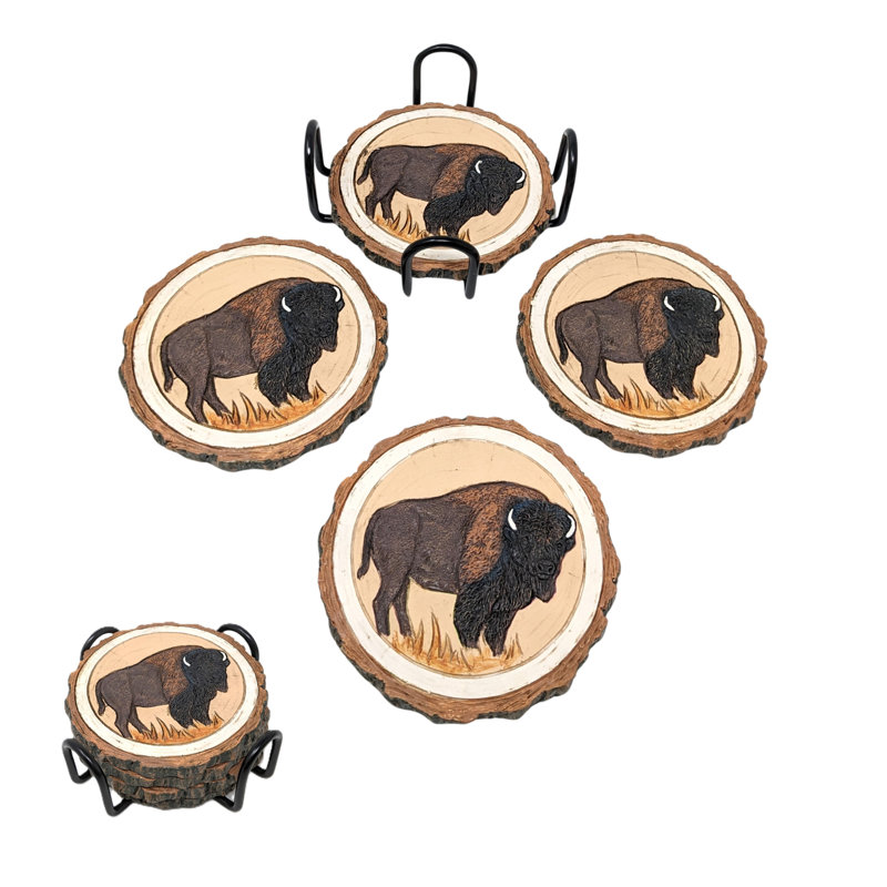 Ensemble de sous-verres en bison en résine d'inspiration naturelle avec accents d'écorce d'arbre