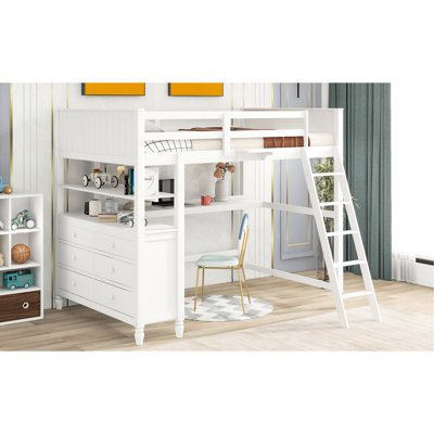 Lit mezzanine double en bois de pin massif pleine grandeur - blanc et durable avec tablettes et bureau