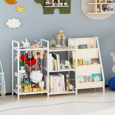 Organisateur de rangement pour jouets et livres pour enfants, unité de rangement multi-casiers pour enfants, support de rangement pour jouets avec pochette à livres, organisateur de jouets autoportant pour chambre de bébé, salle de jeux et chambre d'enfant
