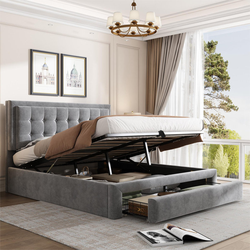 Upholstered ottoman bed velvet, Grey, Double (4'6)