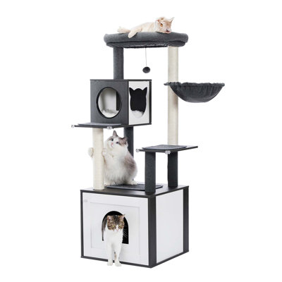 56.7" Cat Tree With Enclosure Large Litter Box, Cozy Cat Condo, Scratching Post And Repalcable Dangling Balls