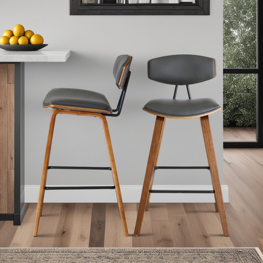 Payton Vegan Leather Bar & Counter Stool, Bar Stool (29" Seat Height), Gray Faux Leather, Walnut