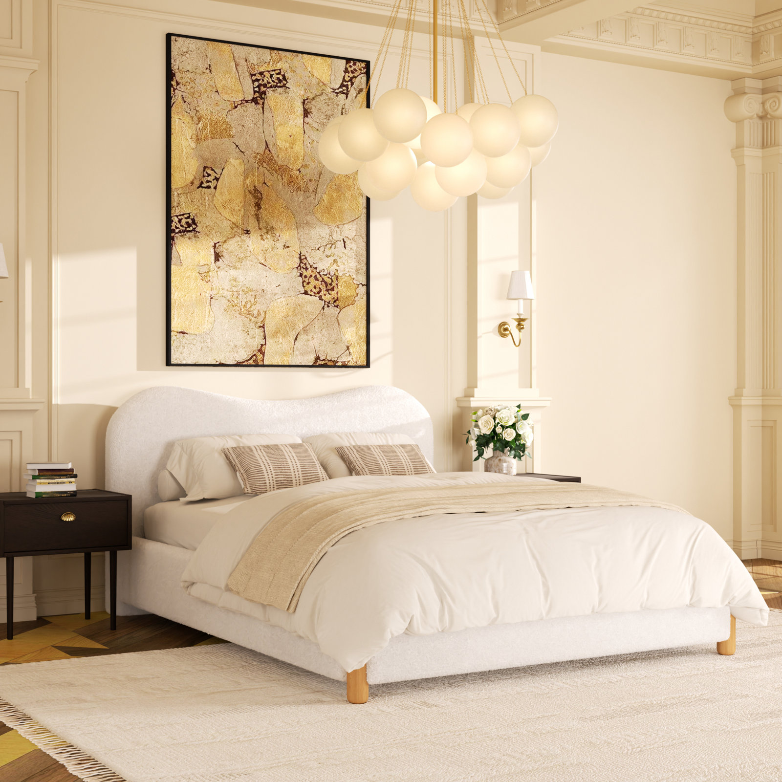 Upholstered Headboard Platform Bed Frame, White, Queen