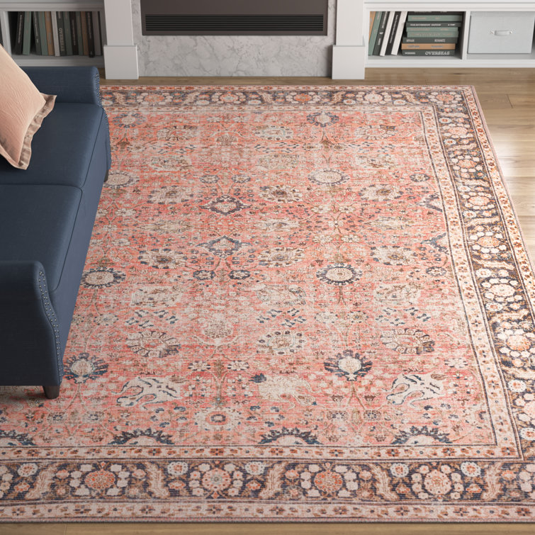 Bria Machine Washable Oriental Dusty Coral/Brick Red Area Rug