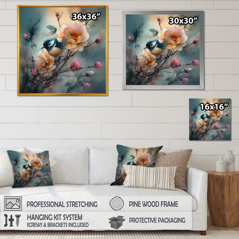 «Blue Little Bird On Rose Tree Banch I», reproduction d'art sur toile, H 30 po x l 30 po x P 1 po