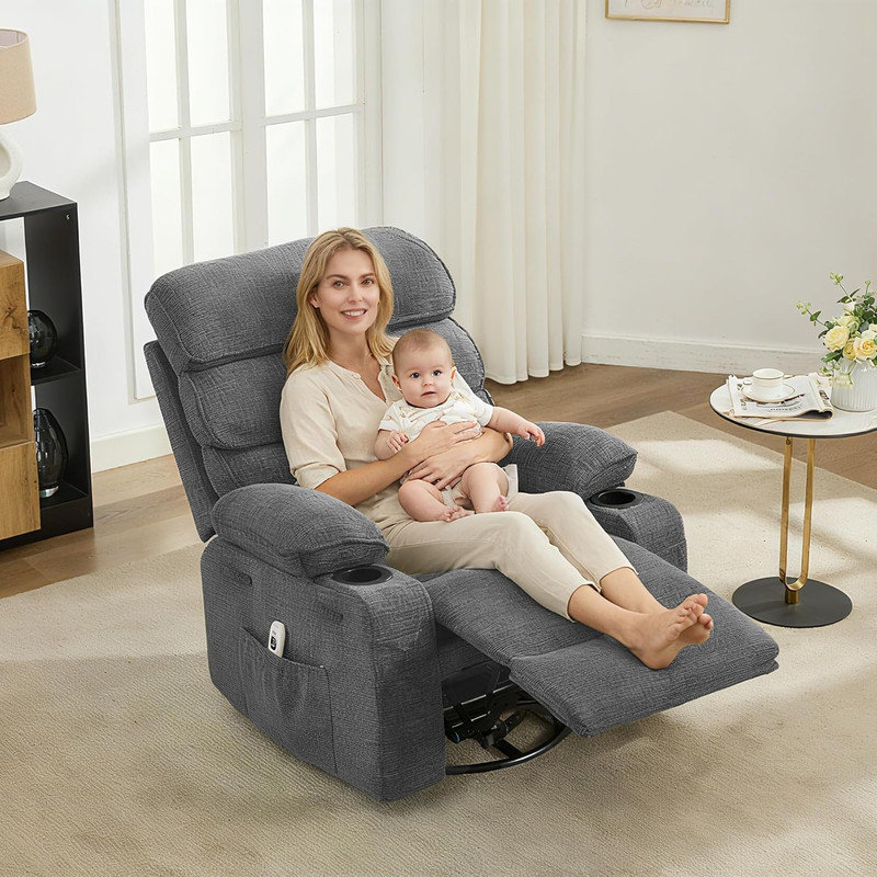 8-Point Massage Rocking Recliner Chair, 360° Swivel Glider with Lumbar Heating & Cup Holders, 400LBS, Gray