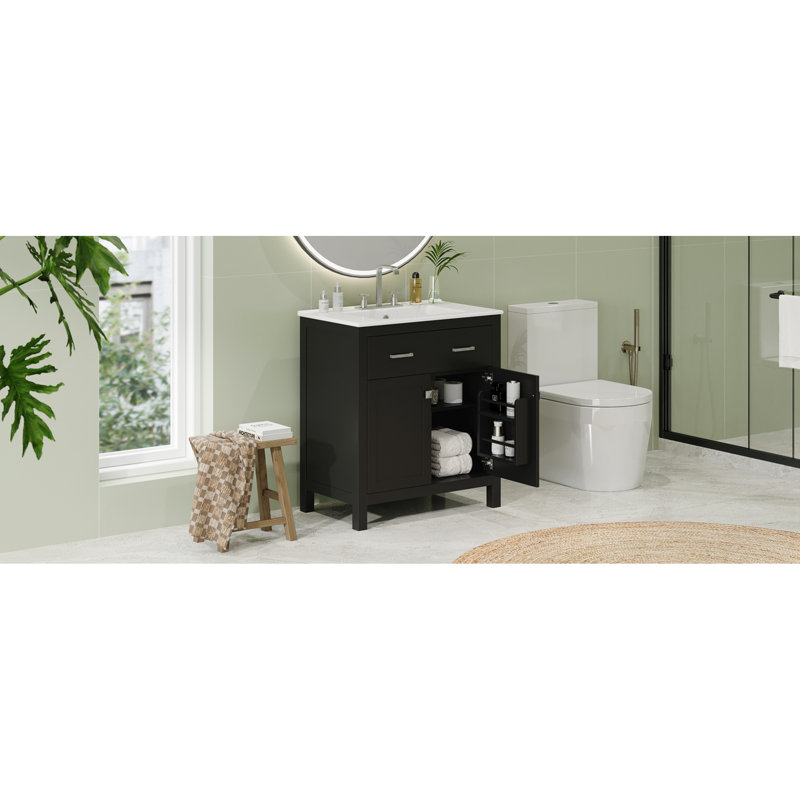 Meuble-lavabo de 76 cm avec lavabo en céramique, armoire noire moderne, 2 portes et étagère en forme de U pour un rangement pratique du lavabo, armoire à 2 portes, fermeture douce et silencieuse.