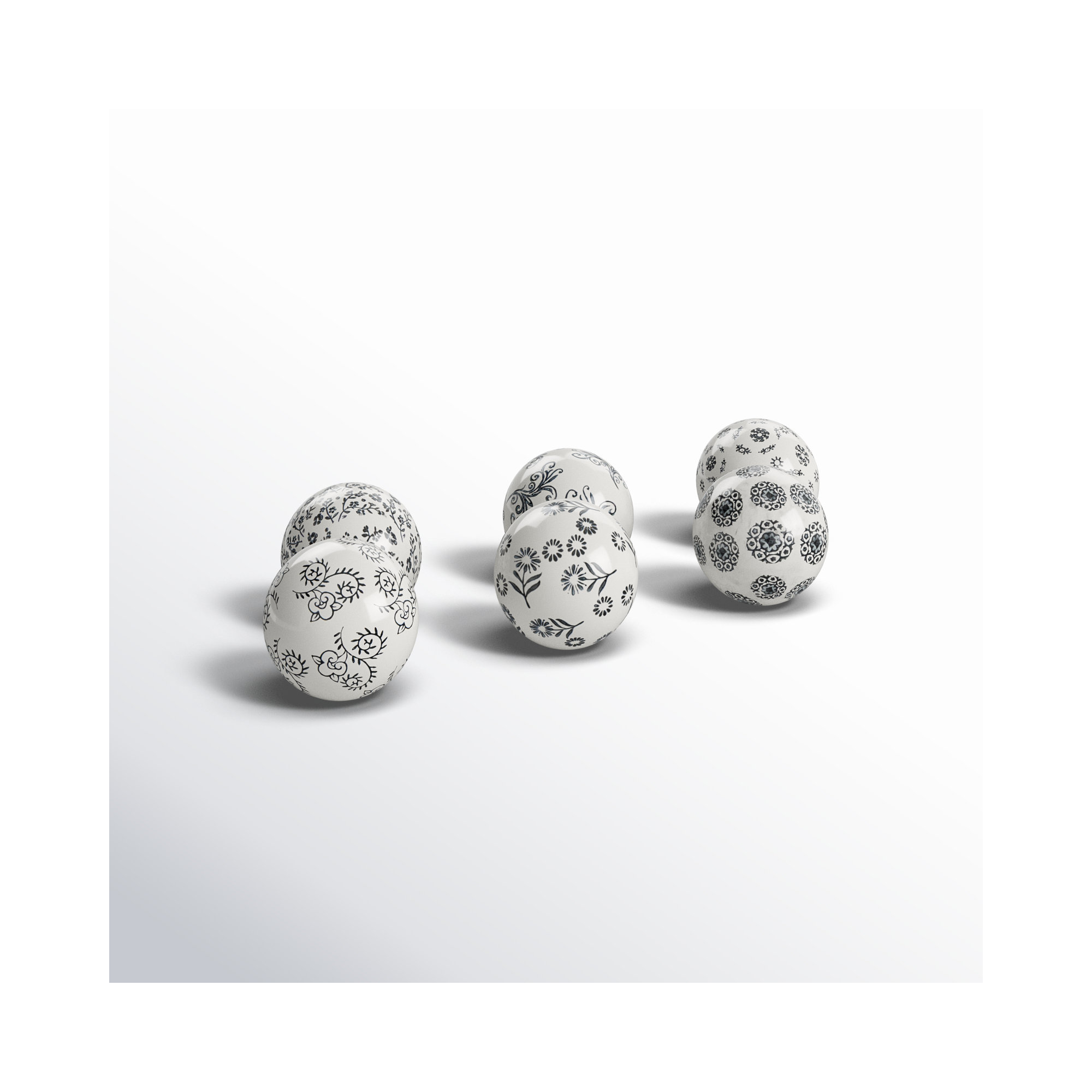 Cole And Grey Ceramic Handmade Glossy Decorative Ball Floral Orbs & Vase Filler With Black Floral And Scroll Patterns