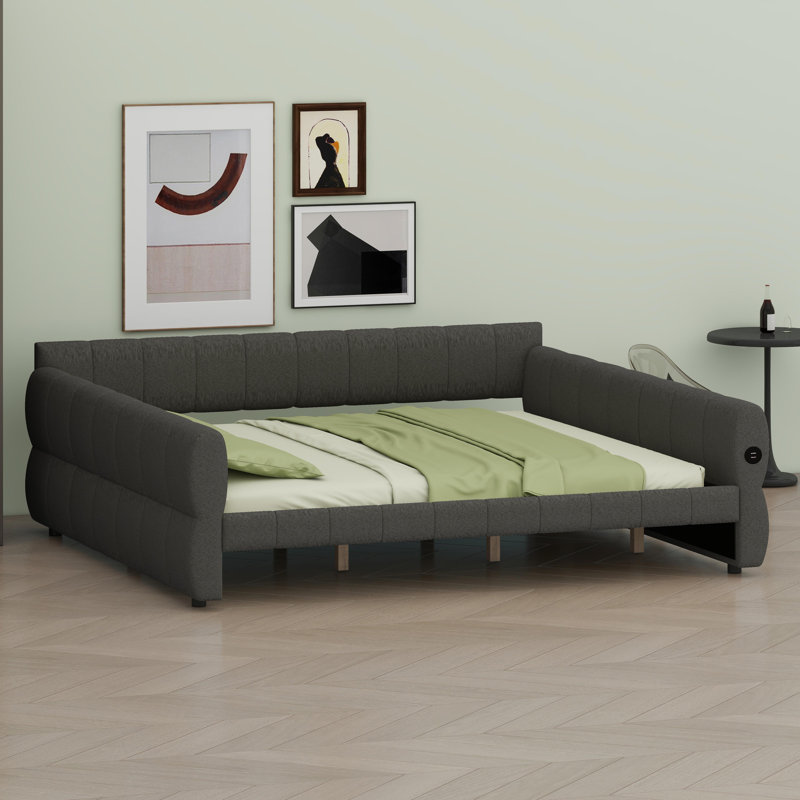 Modern Upholstered Platform Bed with Integrated USB Charging Ports, Gray