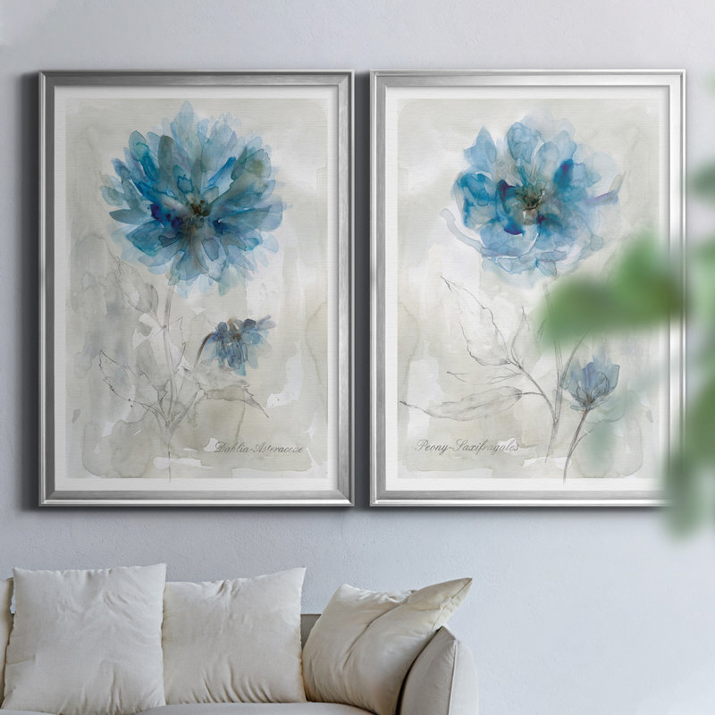 Blue Dahlia - ensemble de 2 reproductions d'art, Pas de tapis, Toile avec cadre argenté, H 22,5 po x l 61 po x P 1,5 po