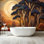 Papier peint pelez et collez, superposition de papier découpé, paysage de forêt, arbres stylisés, coucher de soleil doré, art mural auto-adhésif et amovible