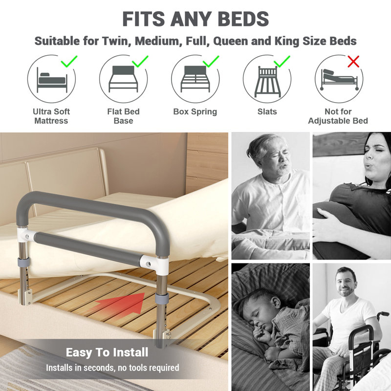 Barrière de sécurité pliable réglable pour les personnes âgées - Barrière de sécurité en forme de U, 4 réglages de hauteur, soutien de chevet pour les personnes âgées, enceinte, personne à mobilité réduite, capacité de 330 lb, noir