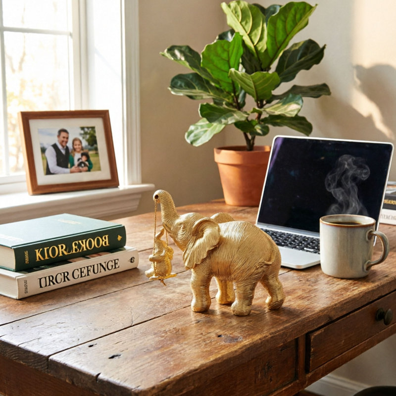 Gold Elephant Figurine Sculpture, Decorative Resin Elephant Statue with Baby, Modern Accent Decor for Shelf, Table, Living Room and Office