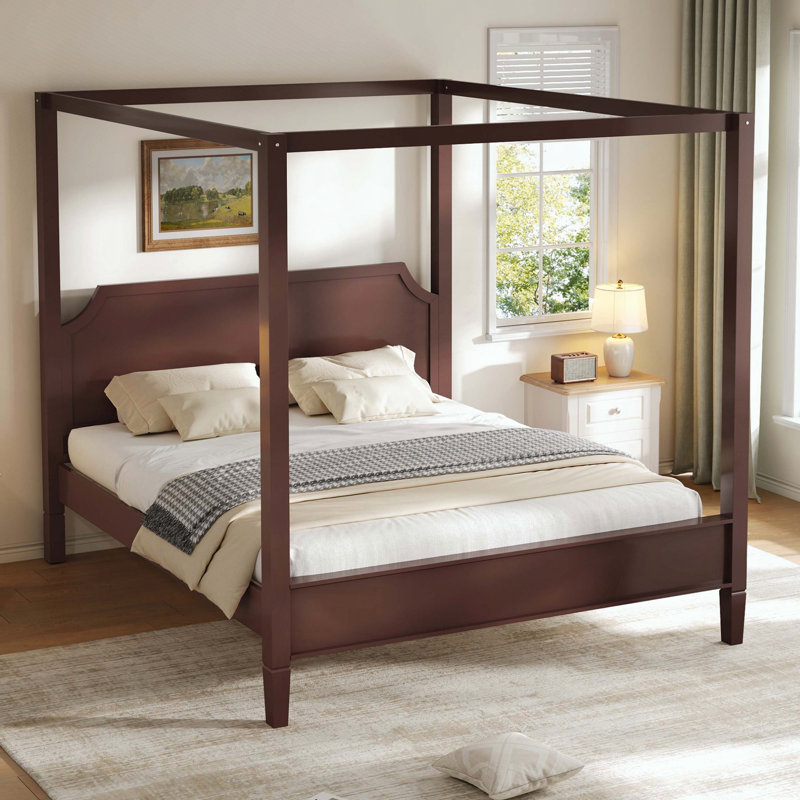 Grand lit plateforme à baldaquin en bois avec tête de lit, Noyer, Grand lit