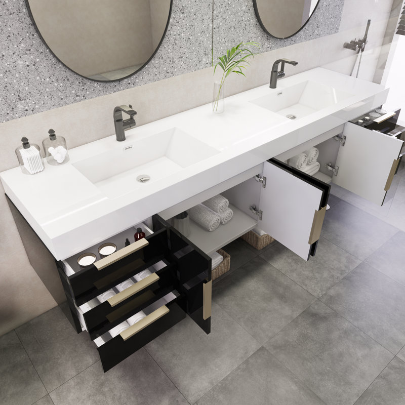 Natrona 83.4 " W Wall Mounted Wall Mounted 2 Double Vanity Bathroom Vanity With Acrylic Top, High Gloss Black
