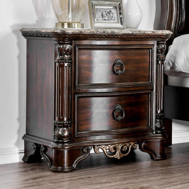 Table de chevet en marbre avec 2 tiroirs, finition cerisier brun | Idée de cadeau