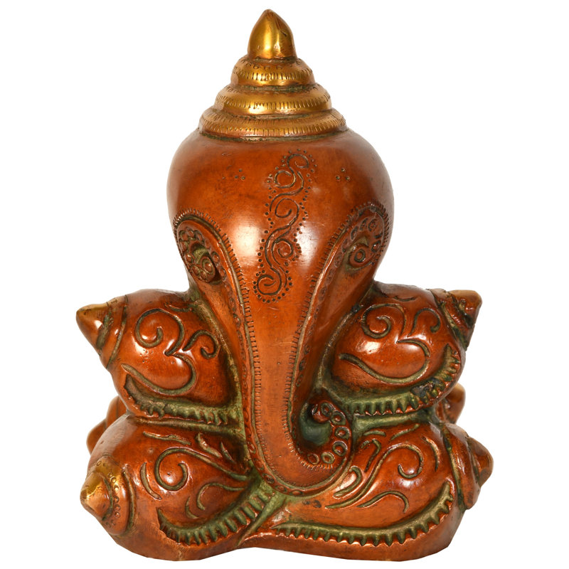 7" Handmade Brass Ganesha in Conch Shell Statue | Unique "Shankh" Ganpati Idol for Sound Healing & Altar Decor