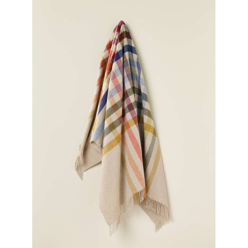 Jeté tissé en laine d'agneau Merino, Beige multicolore à carreaux