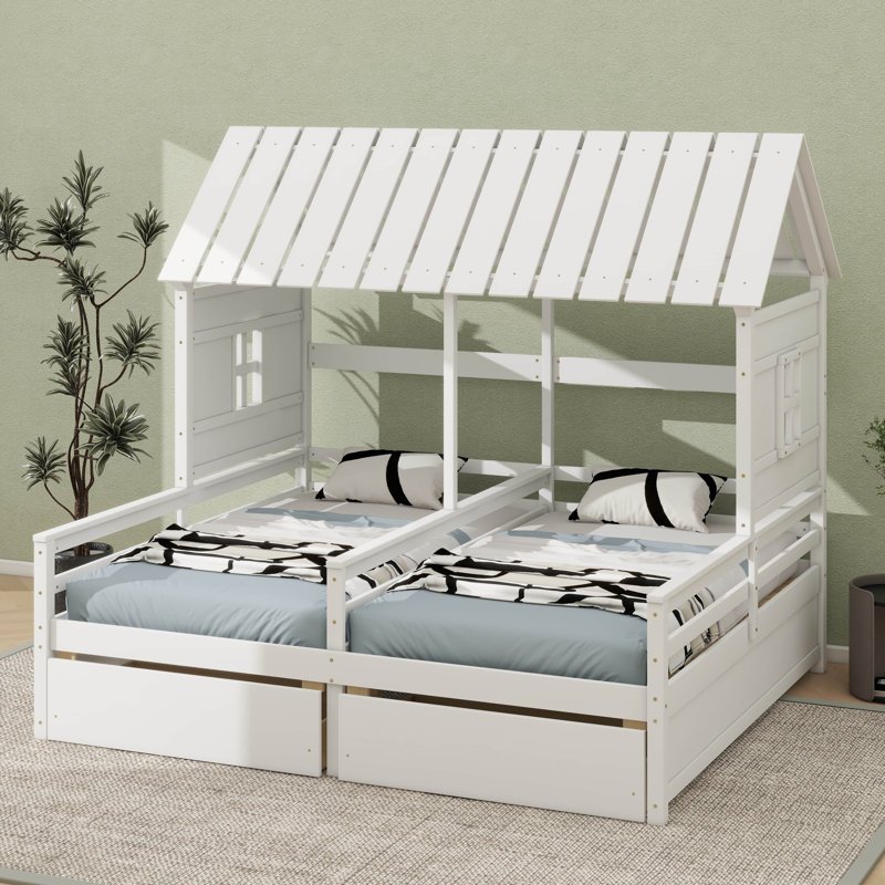 Twin-Sized Platform Beds With Dual Drawers For Children To Share - Ideal For Both Boys And Girls, White