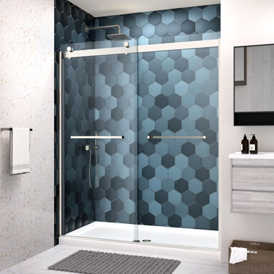 Bypass Shower Door, Double Sliding, 5/16" Tempered Clear Glass With Nano Easy Clean And - Explode Film, Brushed Nickel Finish, Top Track, #304 Stainless Steel Hardware, 36000 Times Open Close Test,
