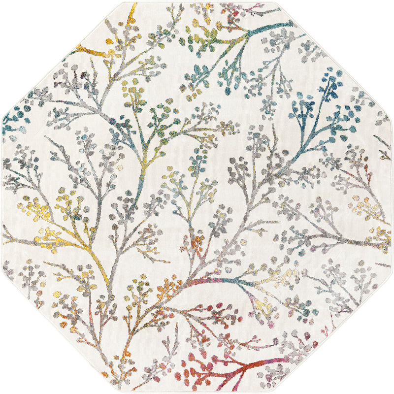 Tapis campagnard et floral de couleur beige / bleu sarcelle, Octogone 6 pi