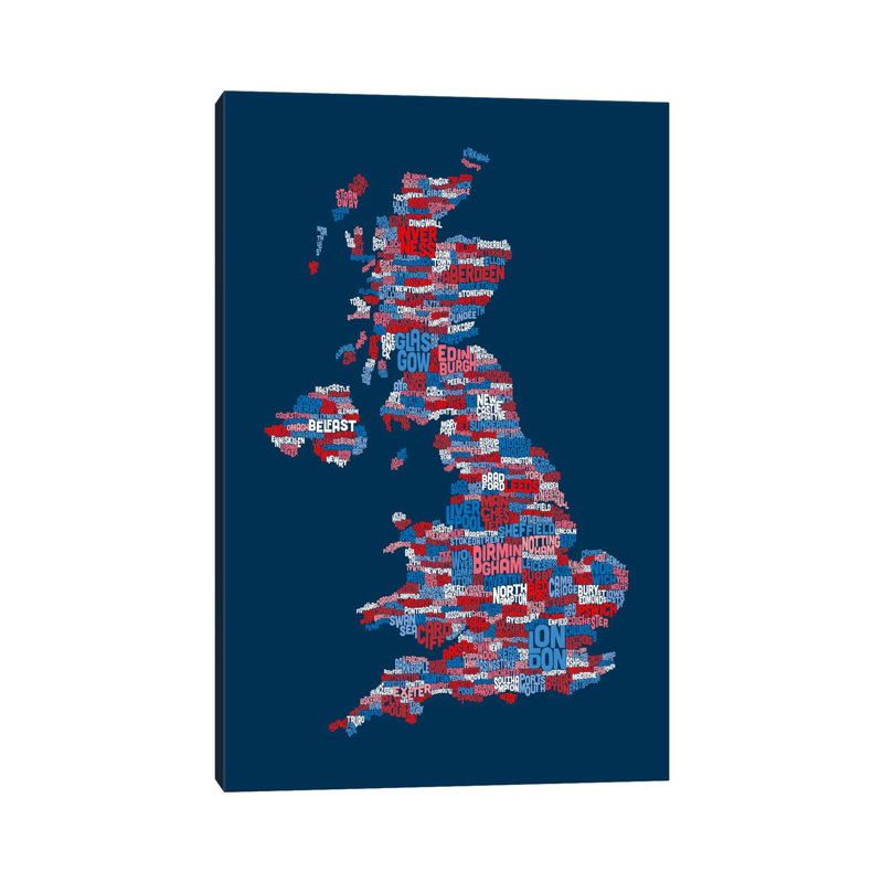 Great Britain UK City Text Map (Blue) by Michael Tompsett - Wrapped Canvas Print