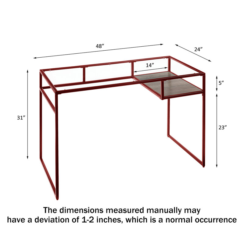 Bureau Yasin moderne et minimaliste en verre de 122 cm (48 po) – Structure en métal rouge, plateau en verre transparent, tablette latérale en bois, poste de travail informatique compact pour petits espaces