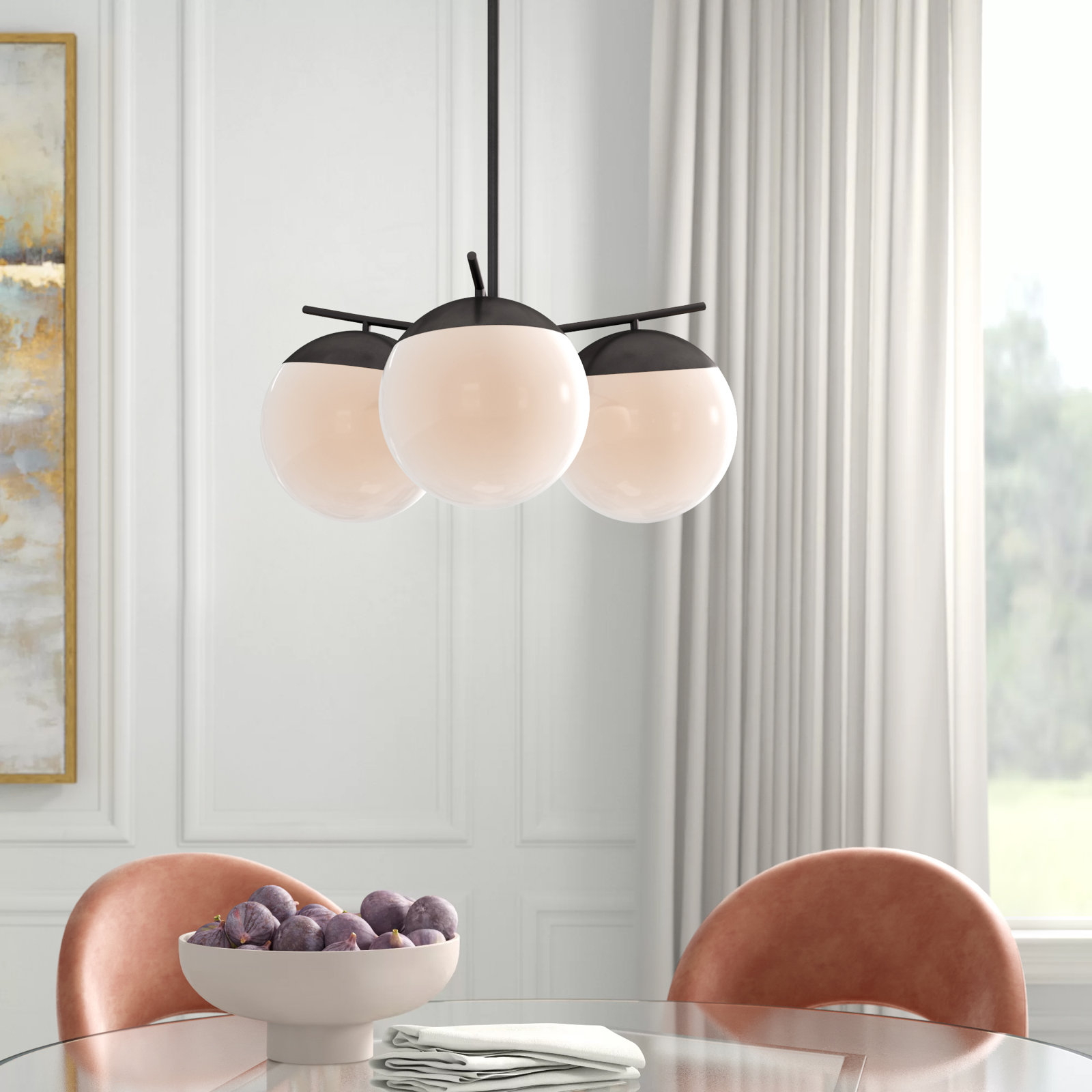 Yearby 3-Light Dimmable Globe Chandelier, Black, Frosted White