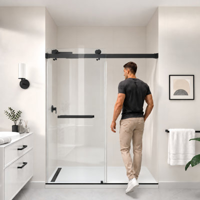 Porte de douche coulissante double sans cadre de 56 po à l 61 po x H 72 po Catalyst en noir mat avec verre transparent de 3/8 po