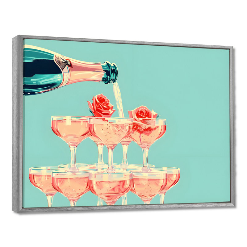 Champagne champagne bulles - Art mural champagne, Toile argentée avec cadre flottant, H 12 po x l 20 po x P 1 po