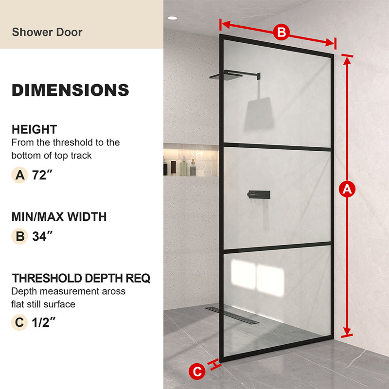 Hilma X P 72 po H Porte de douche à cadre fixe au fini noir mat avec verre à motif