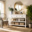 Console rétro avec deux tablettes ouvertes, structure en bois de pin massif et pieds pour le salon (blanc antique)-822982621
