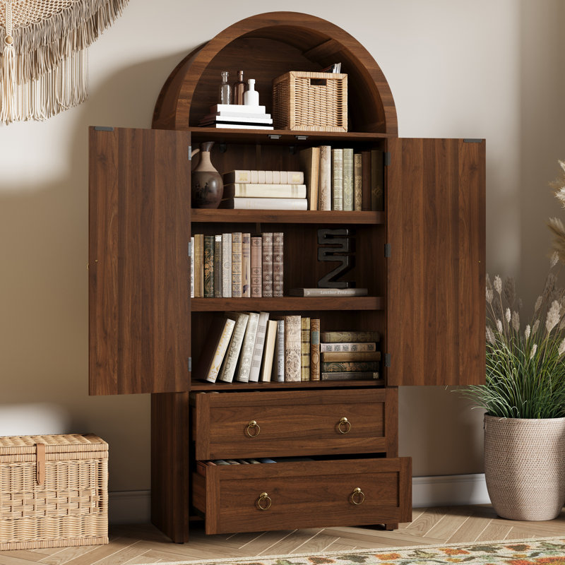 80x180cm Arch Sideboard Rattan Doors Storage Drawers Tall Cupboard Shelves Unit Living Dining Bedroom Furniture Stand, Walnut
