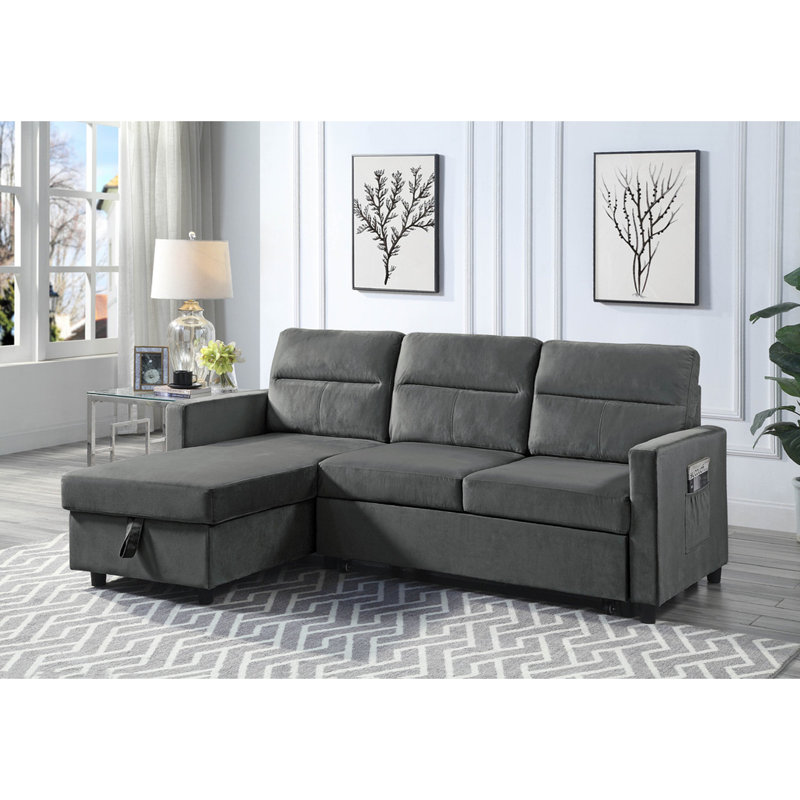 Canapé-lit modulaire en velours réversible avec méridienne de rangement et poche latérale, Gris foncé