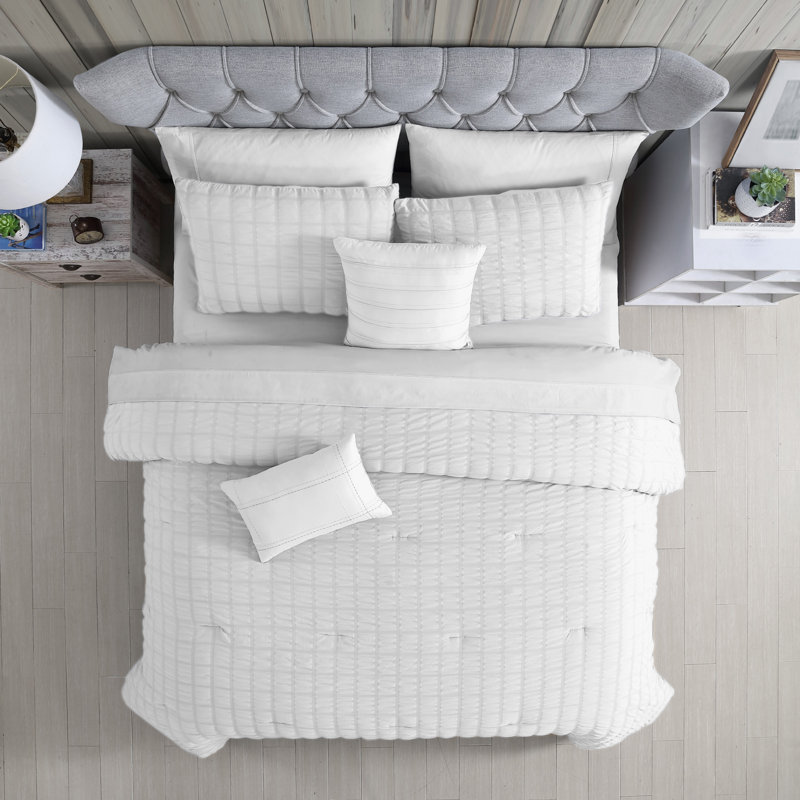 Courtepointe en microfibre Kane 5 pièces, Édredon très grand, 2 taies décoratives et 2 co, Blanc
