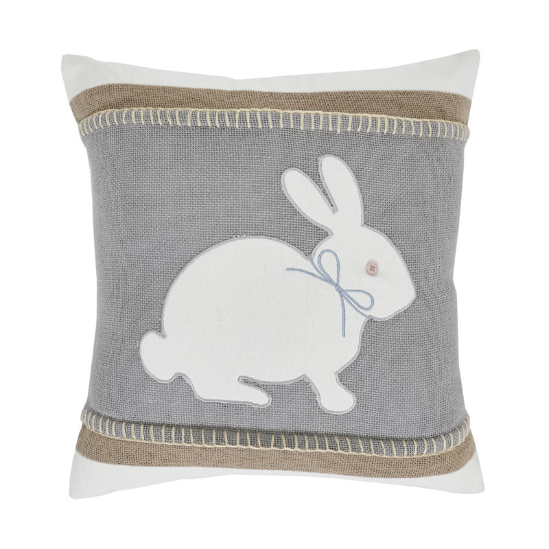 Embroidered Burlap Bunny Square Cotton Throw Pillow