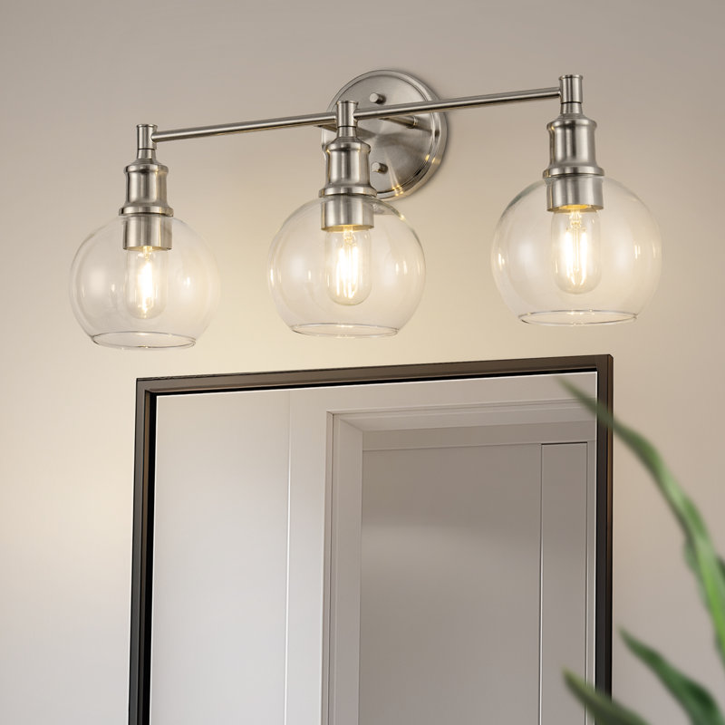 Éclairage pour salle de bain 3 lumières, finition nickel brossé, abat-jour en verre transparent, luminaire de salle de bain moderne