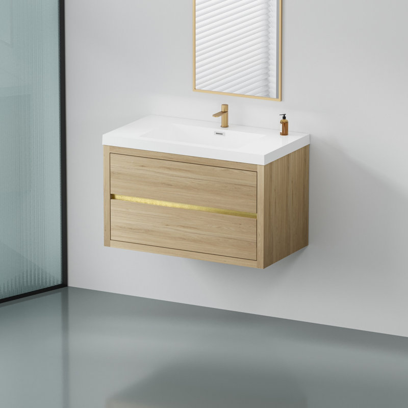 Floating Bathroom Storage Cabinet with Stone Resin Countertop, Oak Natural Wood