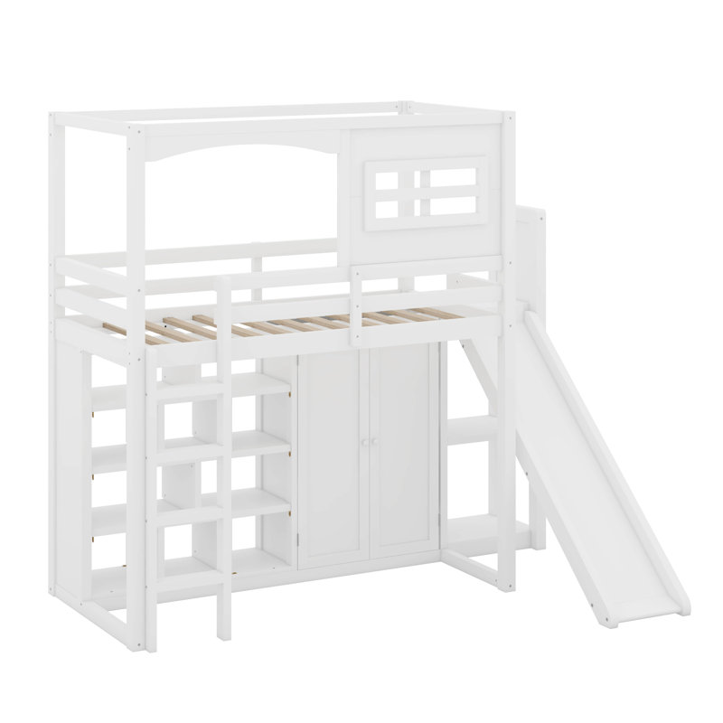 Lit mezzanine en bois avec garde-robe, tablettes de rangement, glissoire et DEL