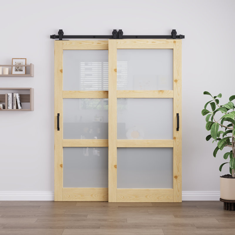 Porte de grange coulissante Bypass pré-assemblée avec porte en bois de pin massif en verre givré 3 pièces avec trousse de quincaillerie d'installation