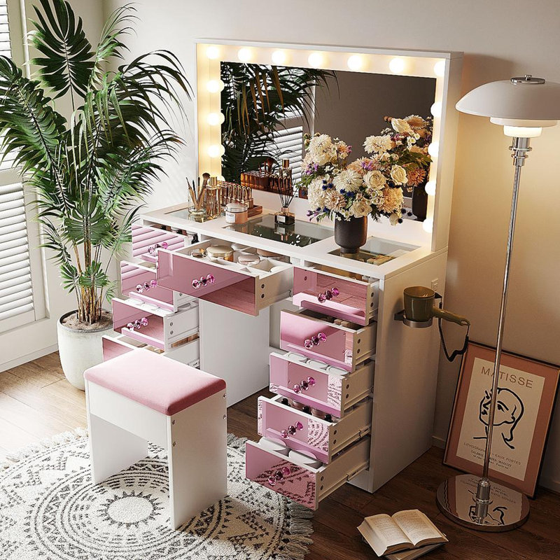 Vanity Desk Set with Cushioned Stool