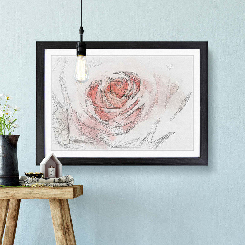 Pale Pink Rose in Abstract - Picture Frame Drawing Print, 62cm H x 87cm W x 2cm D, Black Framed