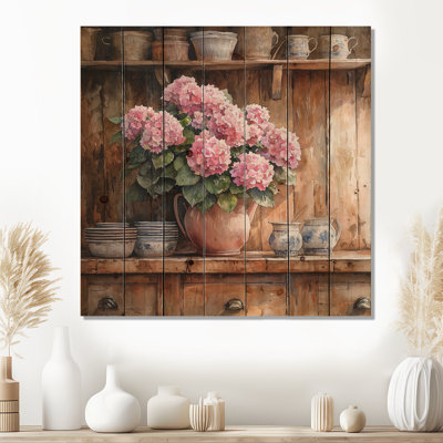 Hydrangeas In The Farm Kitchen In Pottery Vase IV - Hydrangea Wood Wall Art - On Natural Pine Wood